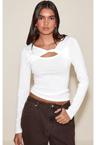Cream Fine Knit Twist Neck Long Sleeve Top