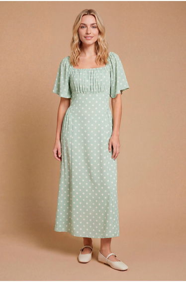 Angel Sleeve Full Skirt Printed Midi Tea Dress