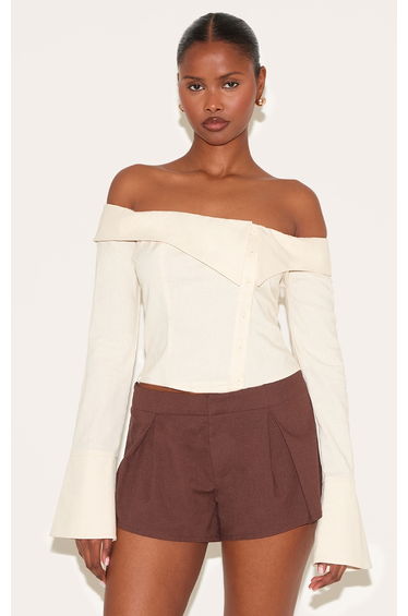 Butter Yellow Linen Blend Bardot Button Up Shirt