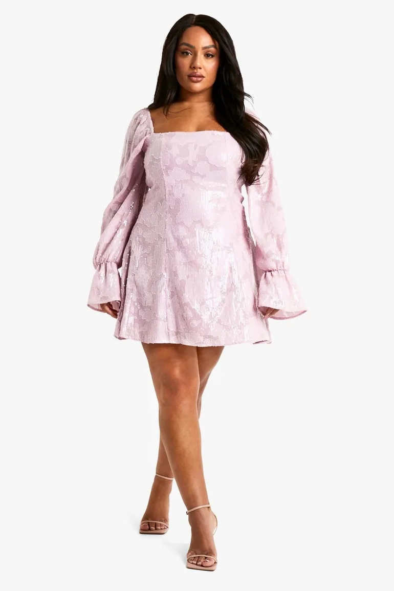 pink skater dress with sleeves ASOS LUXE puff sleeve corseted mini skater dress in light pink
