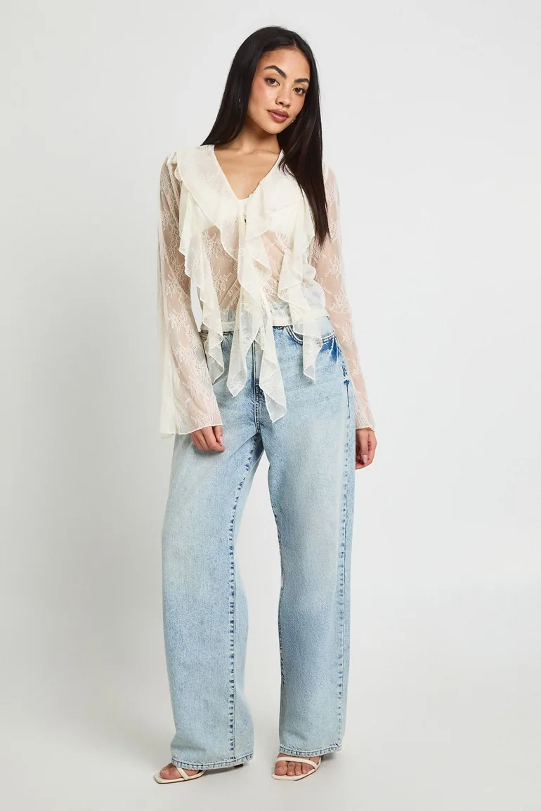 Sheer Lace Ruffle Blouse - ecru - 2