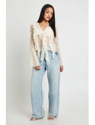 Sheer Lace Ruffle Blouse - ecru - 2