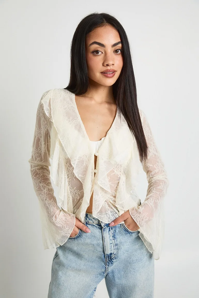 Sheer Lace Ruffle Blouse - ecru