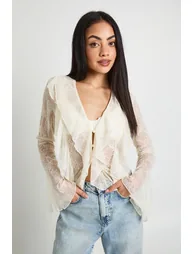 Sheer Lace Ruffle Blouse - ecru