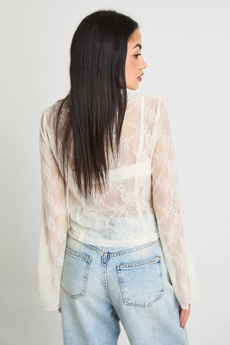 Sheer Lace Ruffle Blouse - ecru - 1