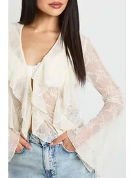 Sheer Lace Ruffle Blouse - ecru - 3