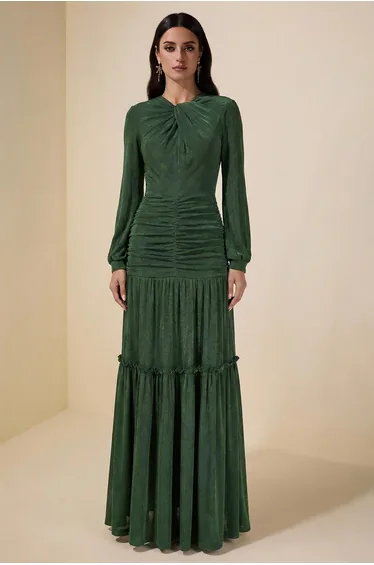 فستان جاردان فو أخضر بأكمام طويلة