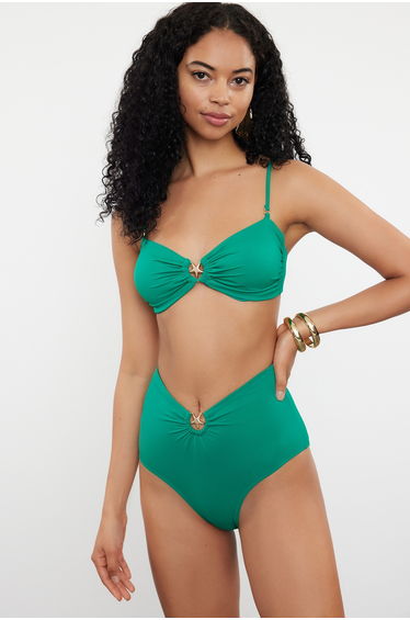Emerald Green Premium Accessorized High Waist Hipster Bikini Bottom