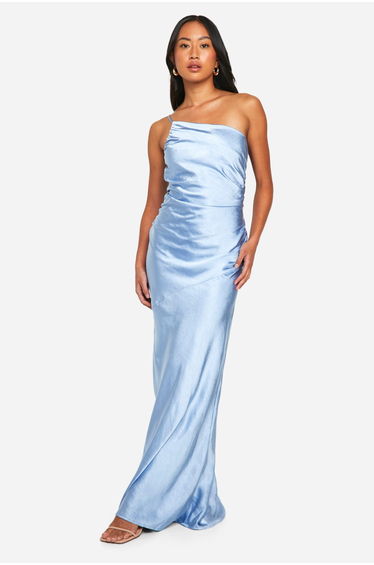 Bridesmaid Satin Asymmetric Maxi Dress - blue