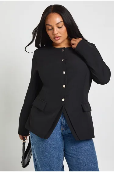 Plus Button Down Split Hem Blazer - black