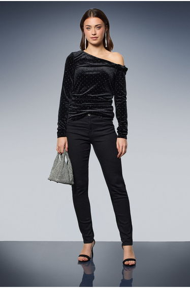 Diamante Velvet Bardot Long Sleeve Top