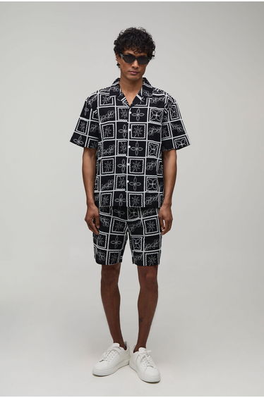 Embroidered Tile Oversized Shirt & Relaxed Short Set - black