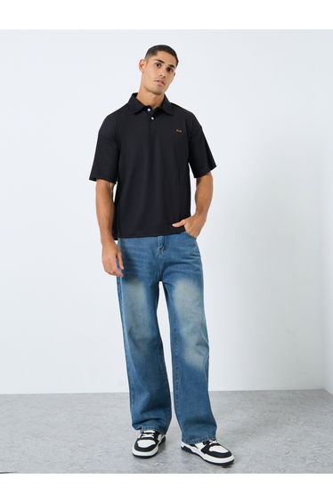 Men Black Oversized Polo with Button