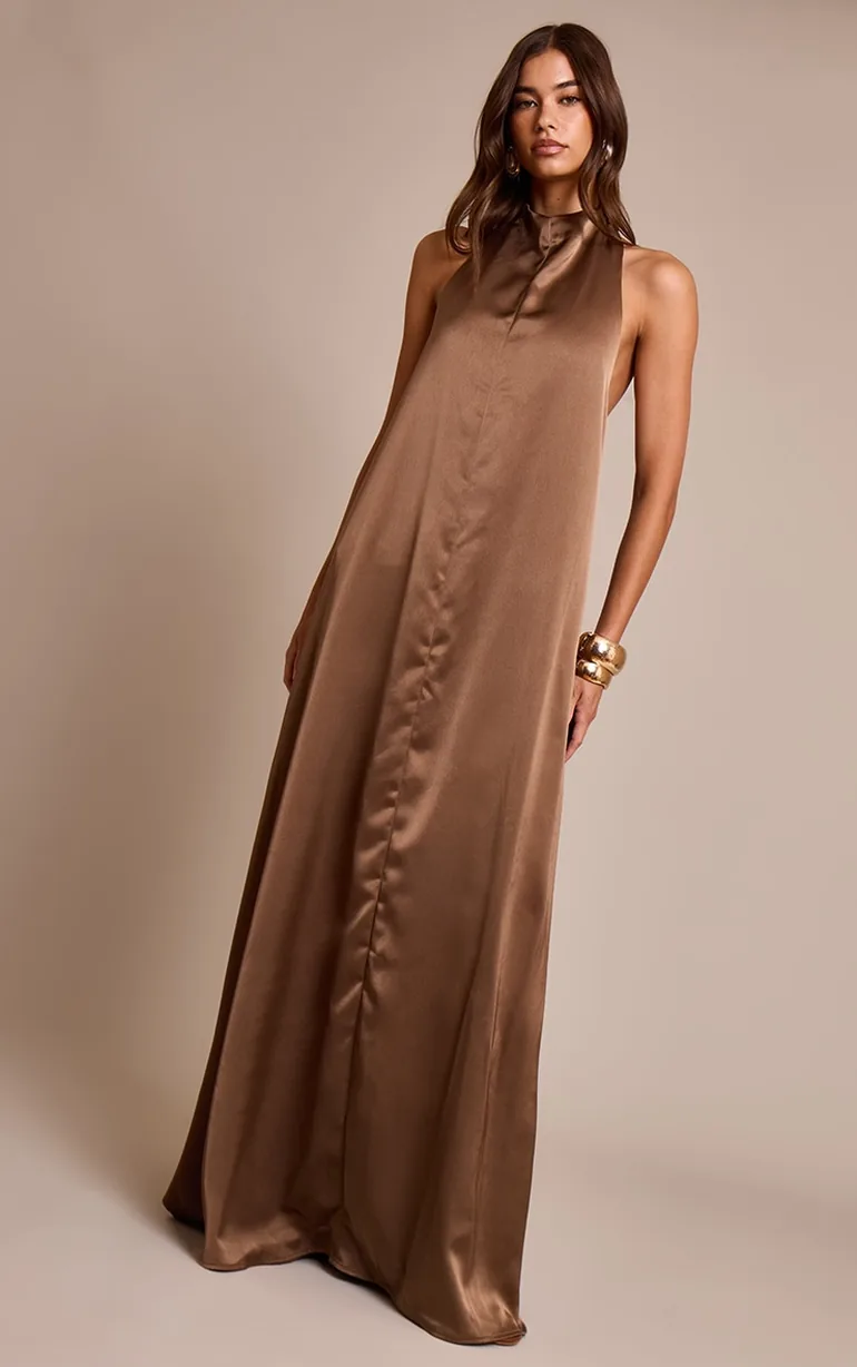 brown maxi dress high neck Topshop long sleeve ruched maxi dress in chocolate brown