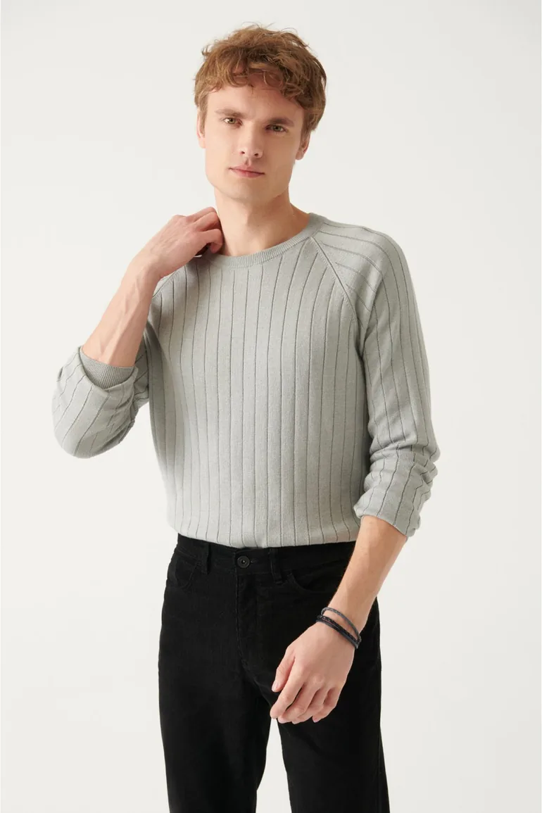 Men's Gray Crew Neck Jacquard Slim Fit Slim Fit Knitwear Sweater - 3