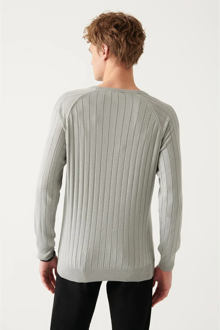Men's Gray Crew Neck Jacquard Slim Fit Slim Fit Knitwear Sweater - 4