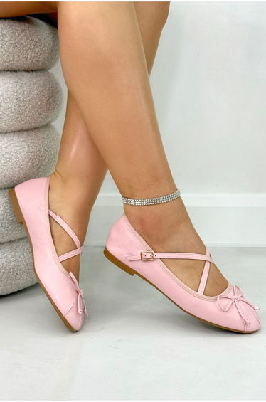 Chic Bow Crisscross Strap Ballet Flats Pink