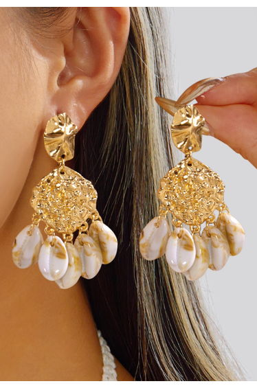 Textured Metal Piece Cowrie Shell Dangle Earrings for Beach Vacation & Boho Style