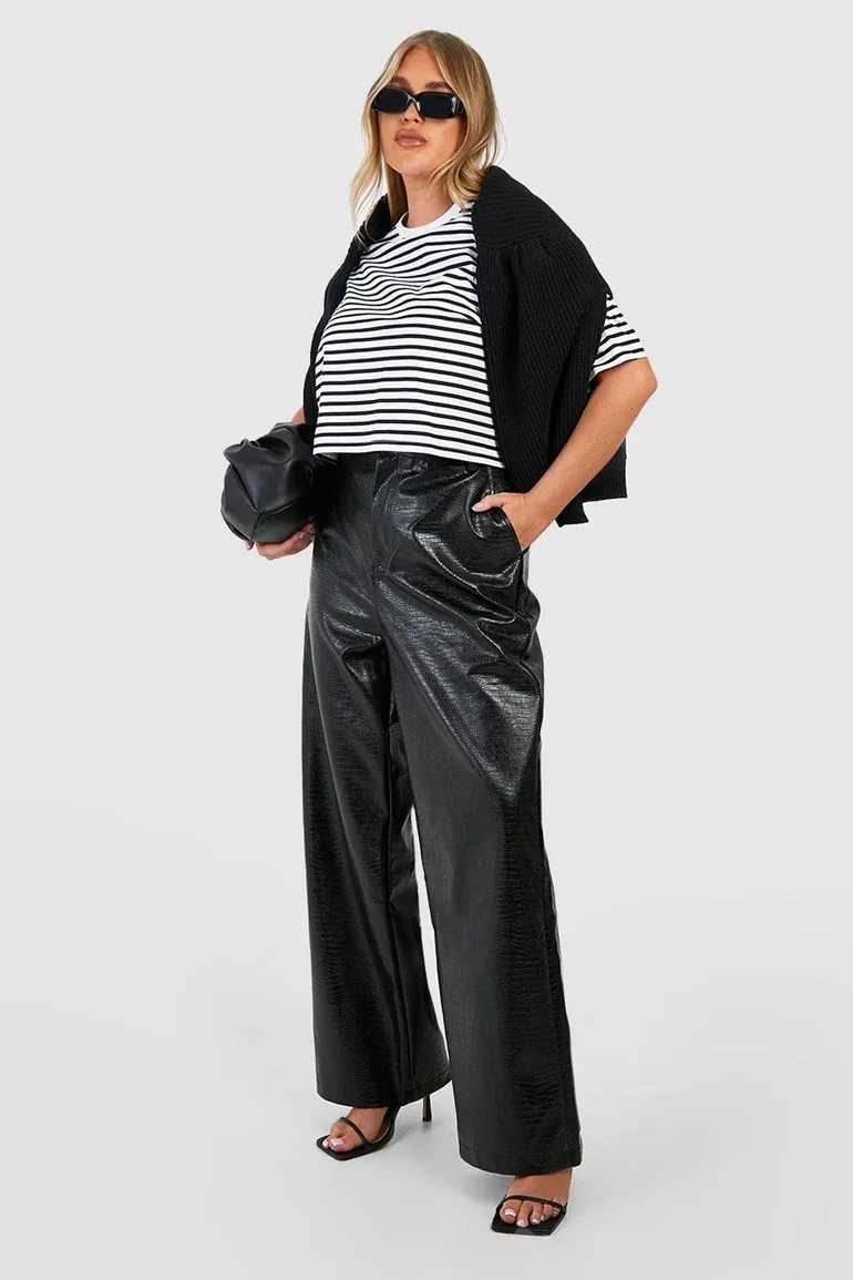 Plus Croc Pu Wide Leg Trousers - black