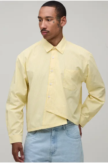 Oversized Boxy Asymmetric Placket Stripe Shirt - yellow