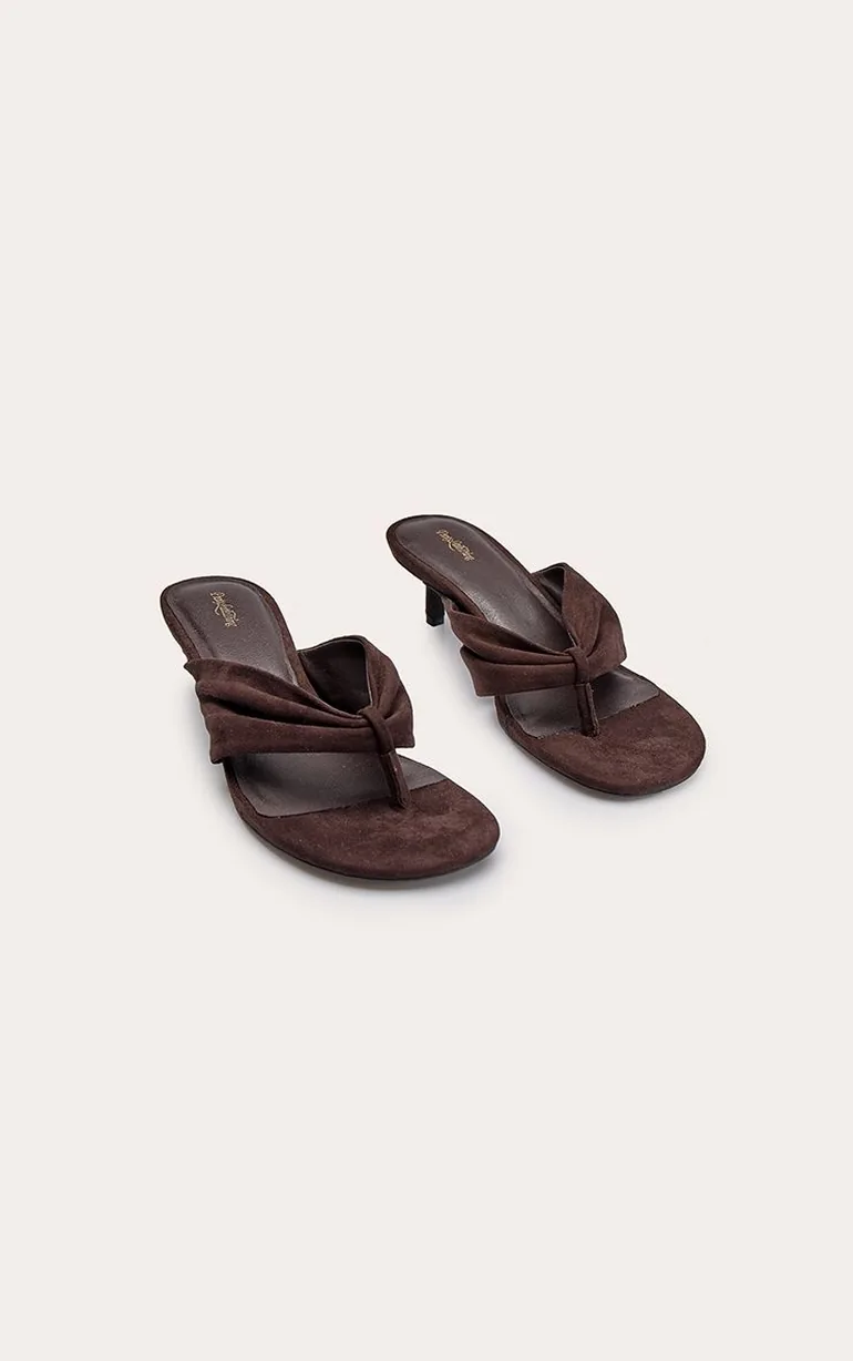 Chocolate Faux Suede Gathered Toe Thong Kitten Heel Mules - 2