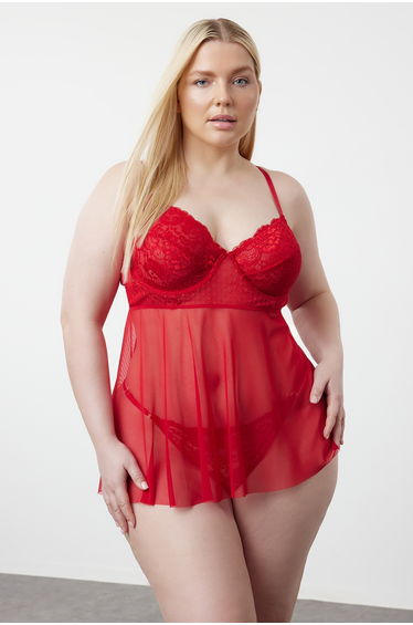 Red High Waist Underwire Babydoll Thong Set