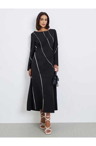 Women Black Contrast Piping A-Line Midi Dress