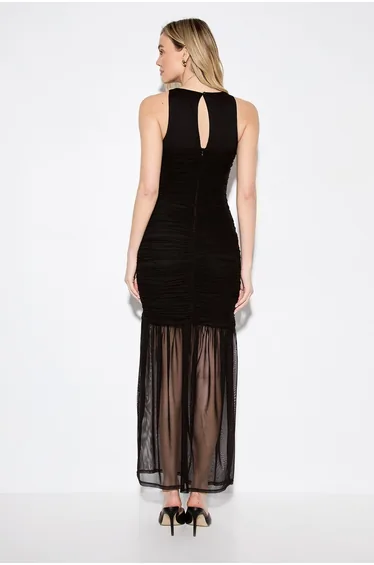 Ruched keyhole front mesh maxi dress