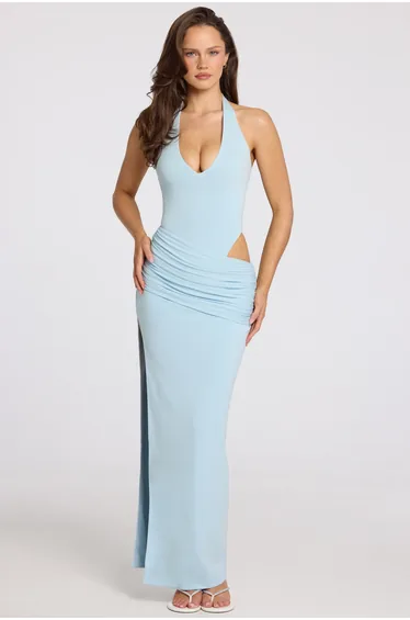 Deep Plunge Halterneck Maxi Dress in Powder Blue