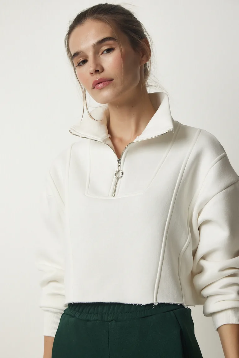 Women's Ecru Zipper Raised Crop Knitted Sweatshirt