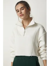 Women's Ecru Zipper Raised Crop Knitted Sweatshirt