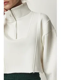Women's Ecru Zipper Raised Crop Knitted Sweatshirt - 3