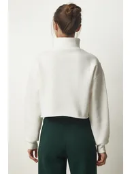 Women's Ecru Zipper Raised Crop Knitted Sweatshirt - 4