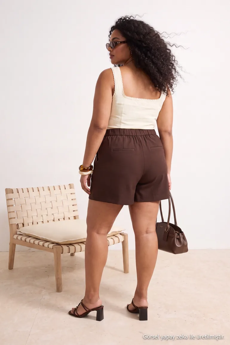 Brown Woven Stretch Gabardine Button Detailed Plus Size Shorts & Bermuda - 5