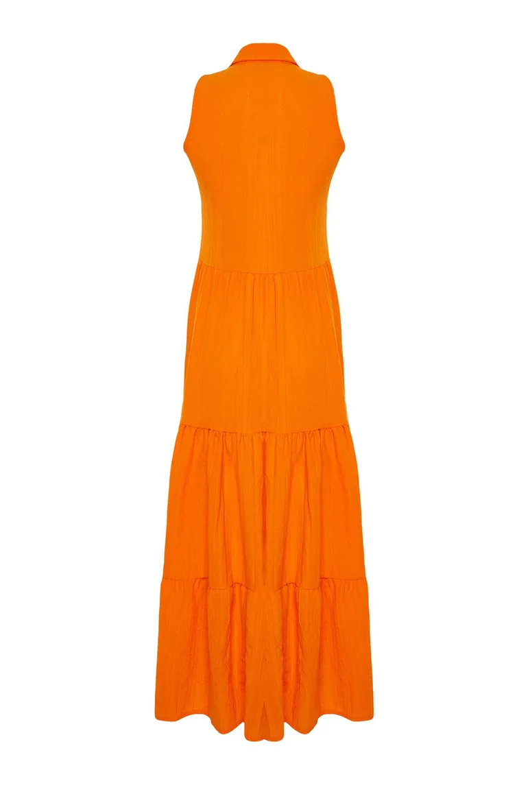 Orange Waist Opening Woven Shirt Dress - 7