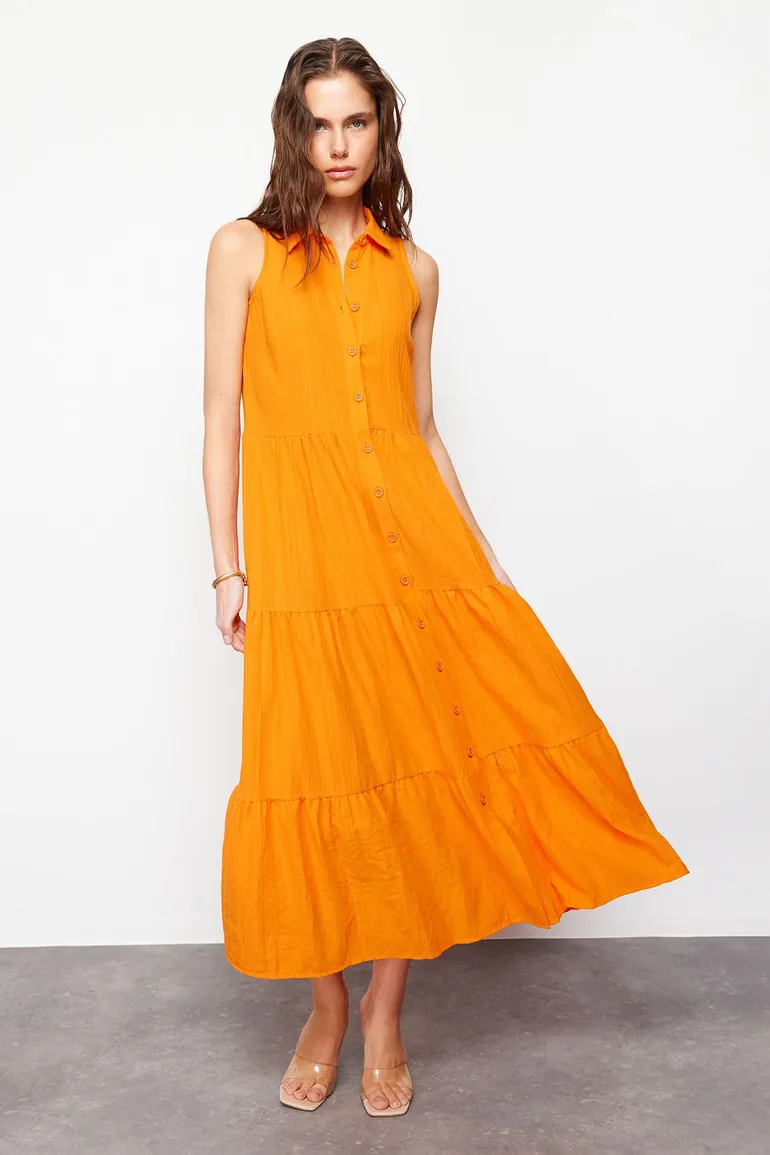Orange Waist Opening Woven Shirt Dress - 1