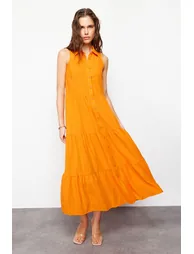 Orange Waist Opening Woven Shirt Dress - 1