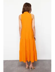 Orange Waist Opening Woven Shirt Dress - 5