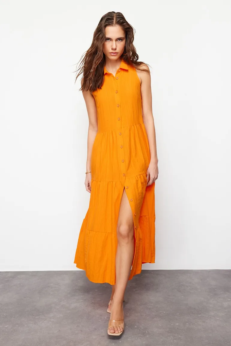 Orange Waist Opening Woven Shirt Dress - 2