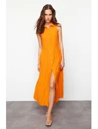 Orange Waist Opening Woven Shirt Dress - 2
