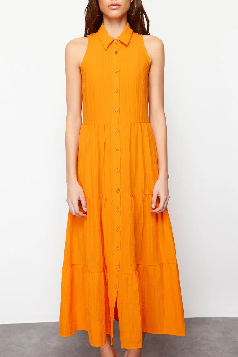 Orange Waist Opening Woven Shirt Dress - 3