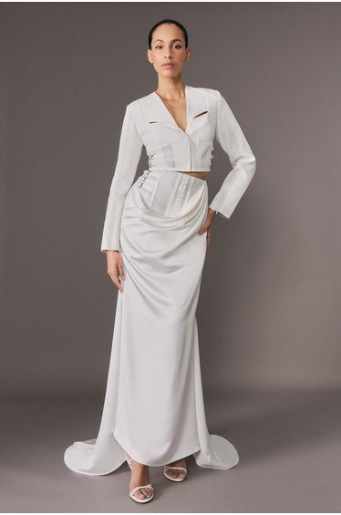 Archive Collection - Tailored Satin Drape Corset Detail Fishtail Maxi Skirt