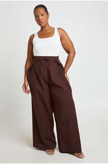Plus Linen Look Box Pleat Trouser - chocolate