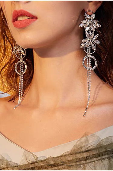 Crystal Flower Tassel Drop Earrings