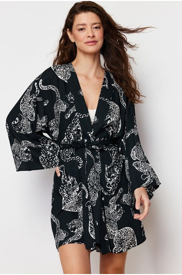 Anthracite 100% Viscose Animal Poplin Woven Dressing Gown