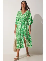Women's Green Deep V Neck Summer Long Viscose Dress - 2