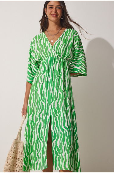 Women's Green Deep V Neck Summer Long Viscose Dress