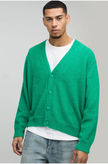 Boxy Fluffy Knitted Cardigan - green