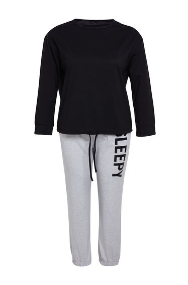 Black-Grey Slogan Jogger Fit Knitted Pajama Set