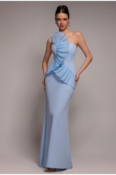 One Shoulder Pleated Fan Maxi Dress - Powder Blue by Goddiva